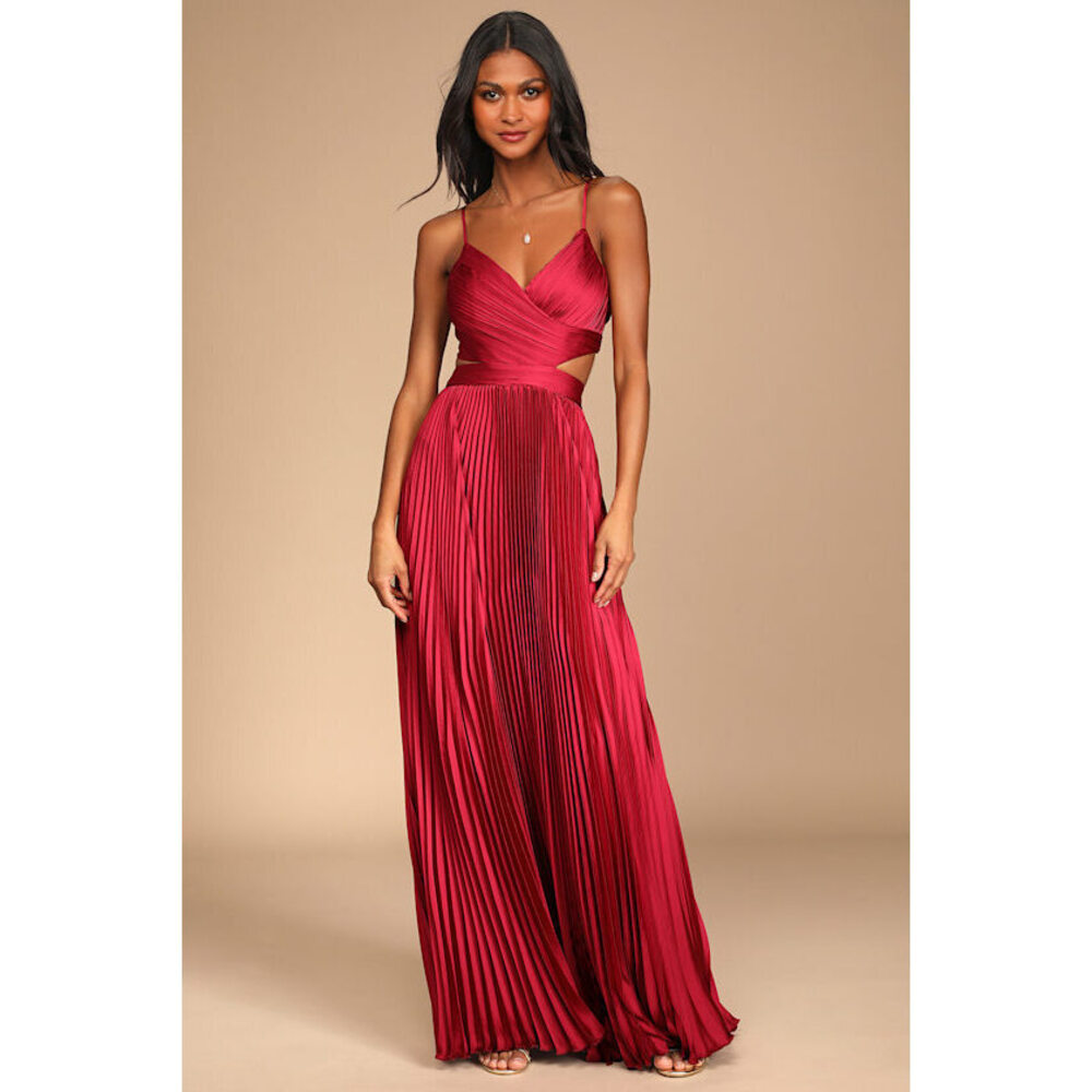 Lulus Got The Glam Wine Red Pleated Cutout Maxi Dress - Size M